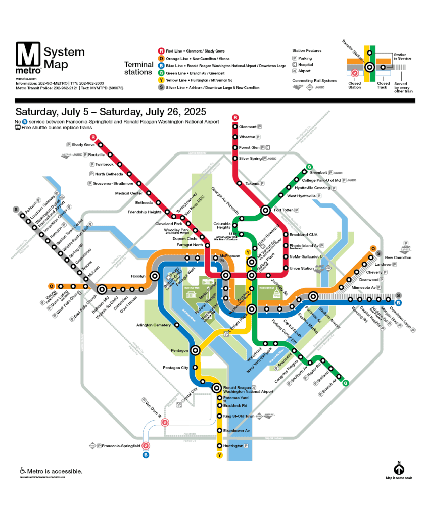 Washington Metro system map valid from July 5 to July 26, 2025, showing all six lines (Red, Orange, Blue, Green, Yellow, Silver) and their respective stations. The map highlights a service disruption on the Blue Line between Franconia-Springfield and Ronald Reagan Washington National Airport, replaced by shuttle buses. Symbols indicate parking, hospitals, airports, and terminal stations; areas with track closures are marked with red X icons.