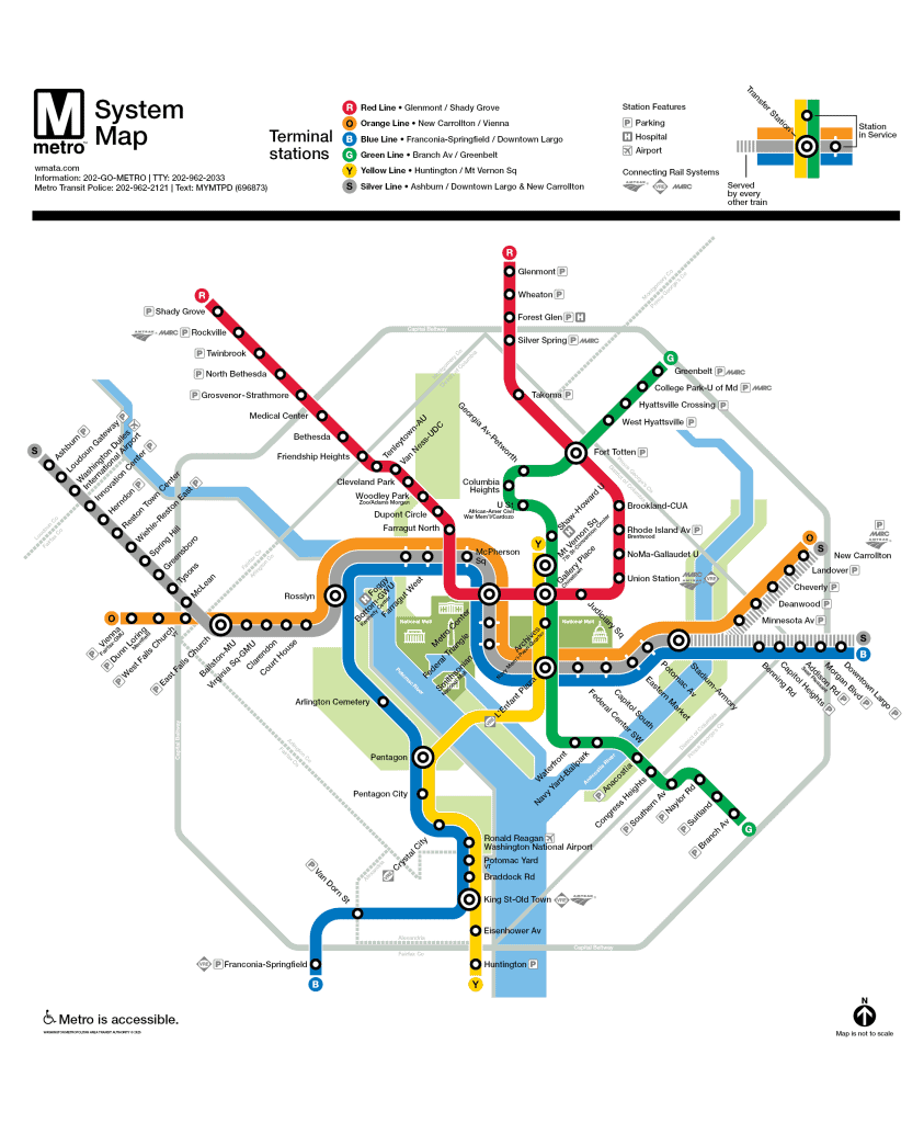 Washington Metro system map effective June 22, 2025, displaying the Red, Orange, Blue, Green, Yellow, and Silver Lines with clear paths and station names. All lines appear fully operational with no service alerts or disruptions. Symbols mark amenities like parking, hospitals, and airports, and the map includes transfer points and terminal stations.