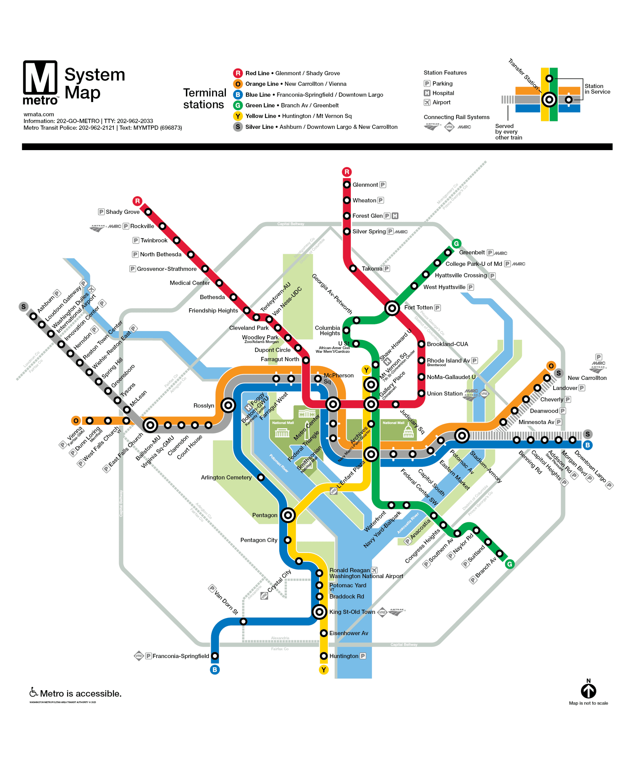 Washington Metro system map effective June 22, 2025, displaying the Red, Orange, Blue, Green, Yellow, and Silver Lines with clear paths and station names. All lines appear fully operational with no service alerts or disruptions. Symbols mark amenities like parking, hospitals, and airports, and the map includes transfer points and terminal stations.