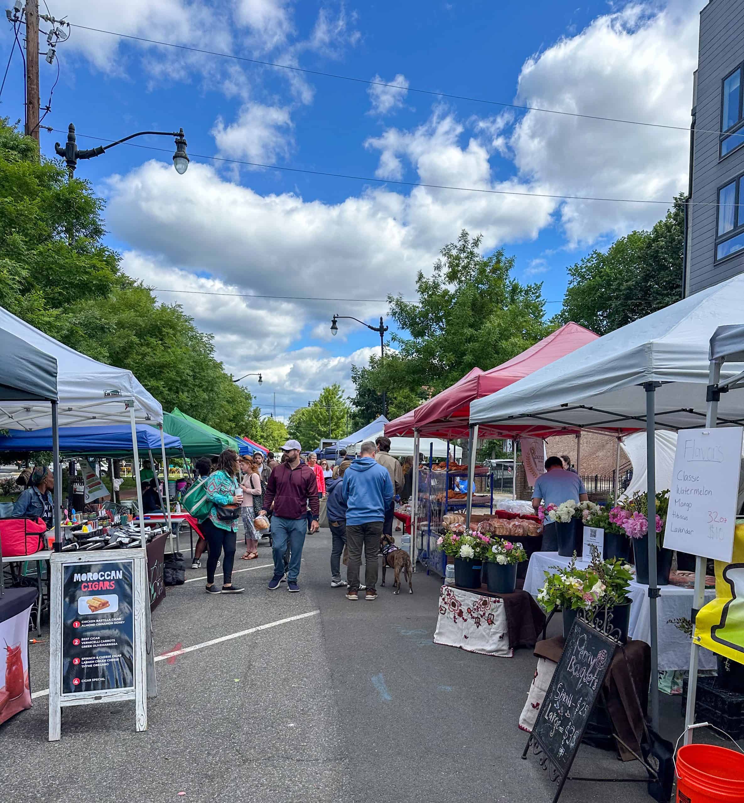 People stroll through a vibrant outdoor farmers market, surrounded by white, red, and green canopies housing various vendors. Stalls overflow with colorful flowers, fresh produce, and unique goods, while a sign advertising “Moroccan Cigars” adds a touch of curiosity. The sunny day with blue skies and fluffy clouds creates a cheerful, community-oriented vibe.