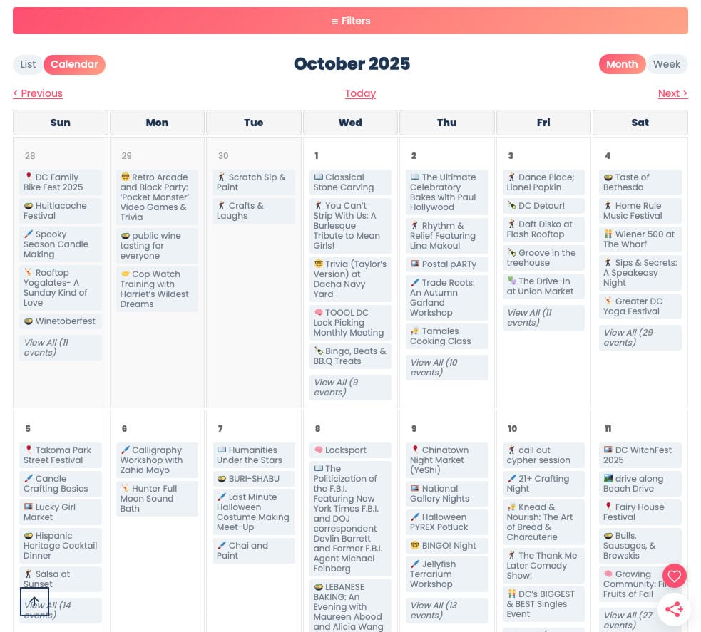 Color-coded October 2025 event calendar for Washington, DC, showing local events from September 28 through October 11. Events include seasonal festivals like DC Family Bike Fest, Huitlacoche Festival, and Taste of Bethesda, as well as creative workshops, burlesque shows, trivia nights, and Halloween-themed activities. The layout is organized by day, with multiple events listed in blue boxes and options to "View All" for days with overflow listings.
